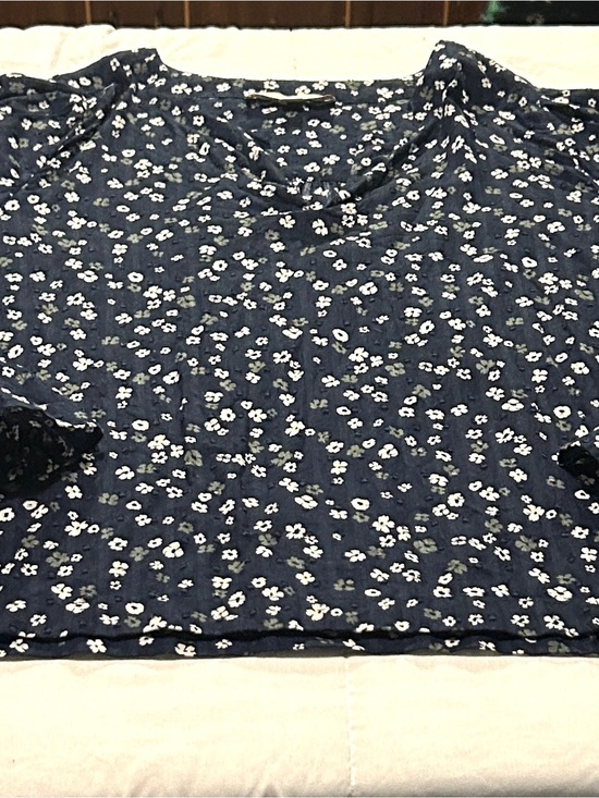 LOFT Tops - LOFT Womens Large Navy Blue Ditsy Floral Clip Dot Long Sleeve Blouse Top Cotton